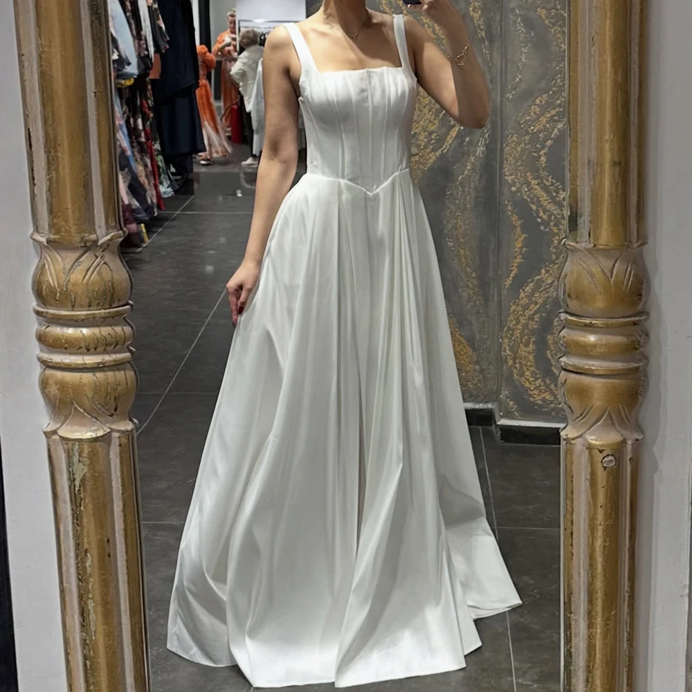 

Customized A-line Evening Dresses Floor-length Square Collar Sleeveless Prom Gown Simple Fashion Draped Backless Party Gown