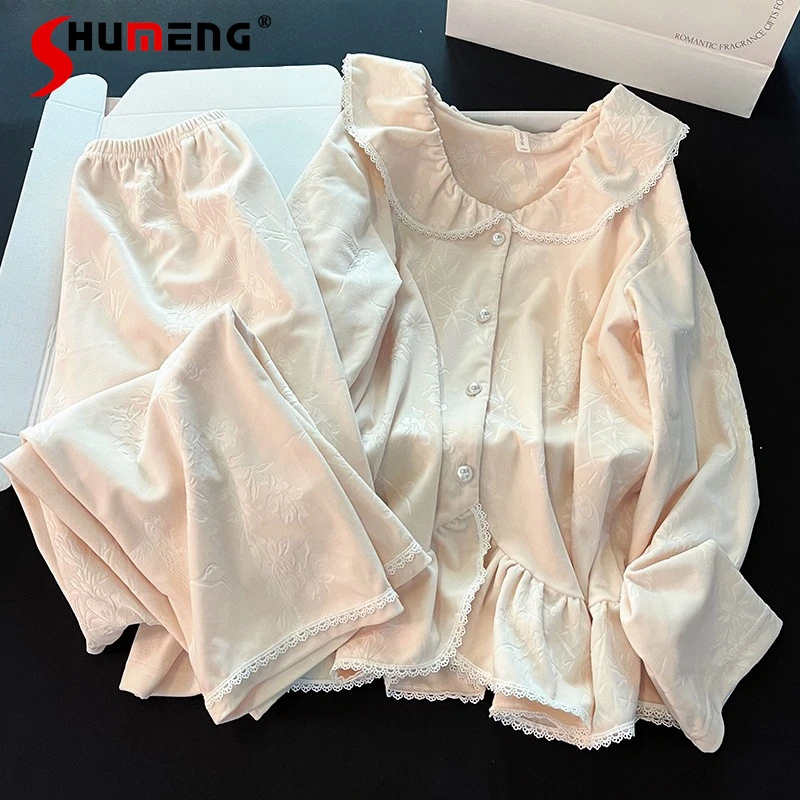 

French Court Style Pajamas for Women Autumn Winter Velvet Long Sleeve Loungewear Female Sweet Princess Fleece Homewear Set