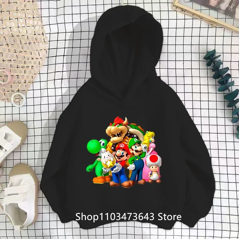 20240 Marios Bros Boy Girl Hoodie Suit Spring Autumn Kids Hooded Sportswear Setspants Boys Pokemon Clothes 2-14 Years Children's