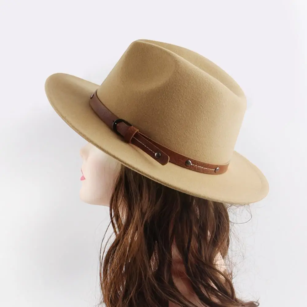 

Trendy Wide Brim Felt Hats Autumn Winter Retro Jazz Cap Outdoor Casual Panama Hats British Flat Hats Church Buckle Hat With Belt