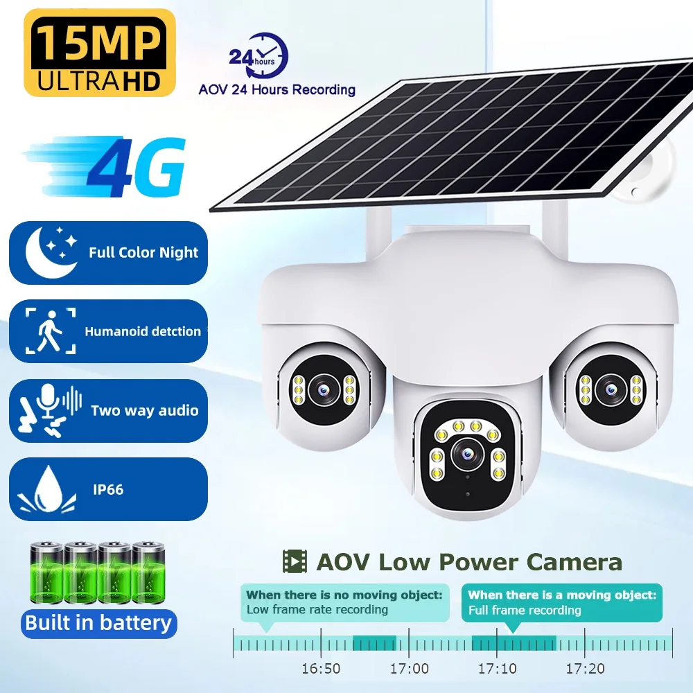 HD AOV الشمسية في الهواء الطلق 4G كاميرا 3 عدسة PTZ 3 شاشة 24 ساعة كشف الإنسان CCTV الأمن حماية للرؤية الليلية كاميرات مقاومة للماء