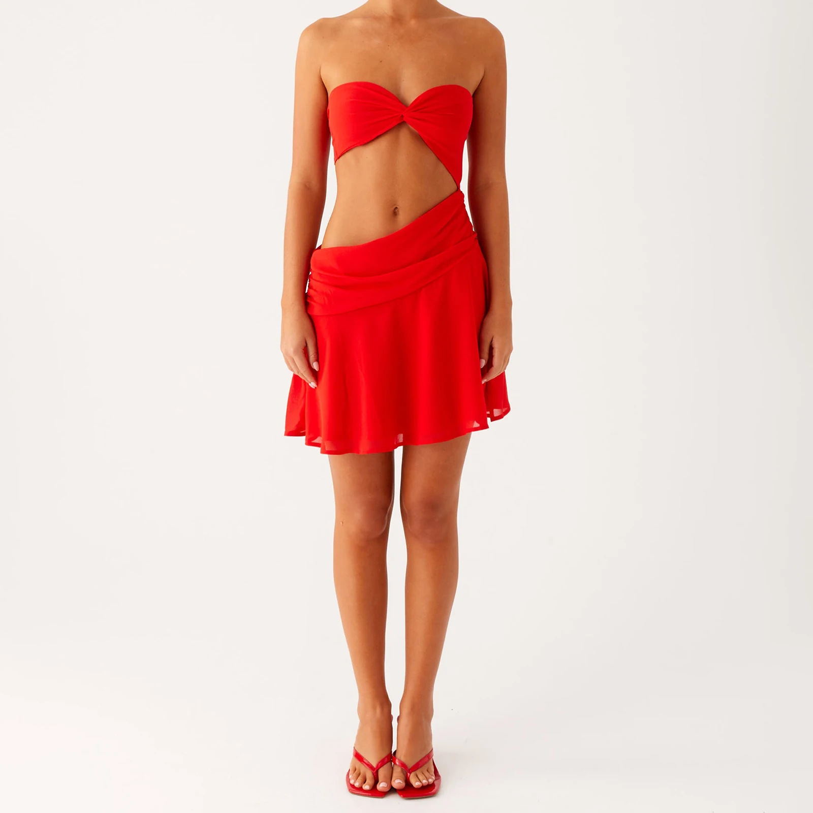 Combhasaki Donna Estate Senza Spalline Casual Torsione Busto Ritaglio Vita Fiocco Legato Backless Increspato Volant A Strati Breve Mini Abito A-Line