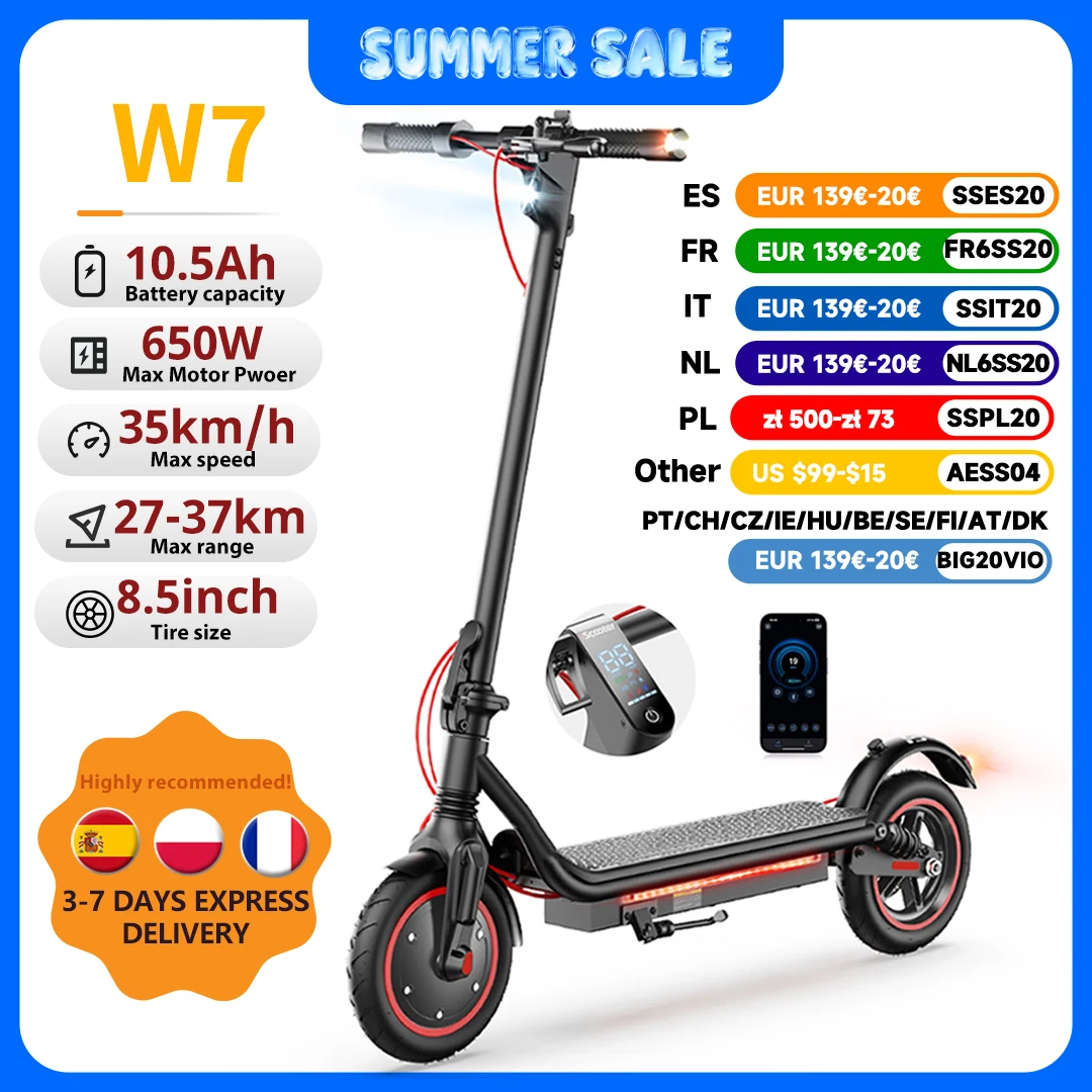 Trottinette électrique W7 8,5 pouces 36V 10,5Ah Moteur 650W Autonomie 25-35 km 4 modes de vitesse 35 km/h Double amortisseurs E-Scooters