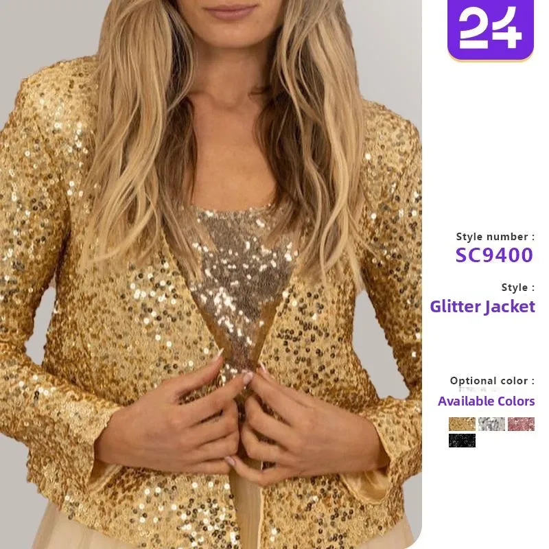 

Women's Sequin Color Blo Jaet ort Stand Collar Cute Sle Polyester Fiber Thin Outerwear Long Length Pattern