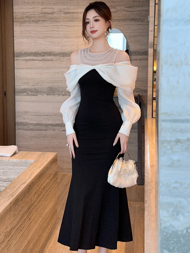 Feminino elegante feestjurken dameskleding wit zwart patchwork glanzende diamanten boog holle fishtail gewaad prom vestidos fiesta