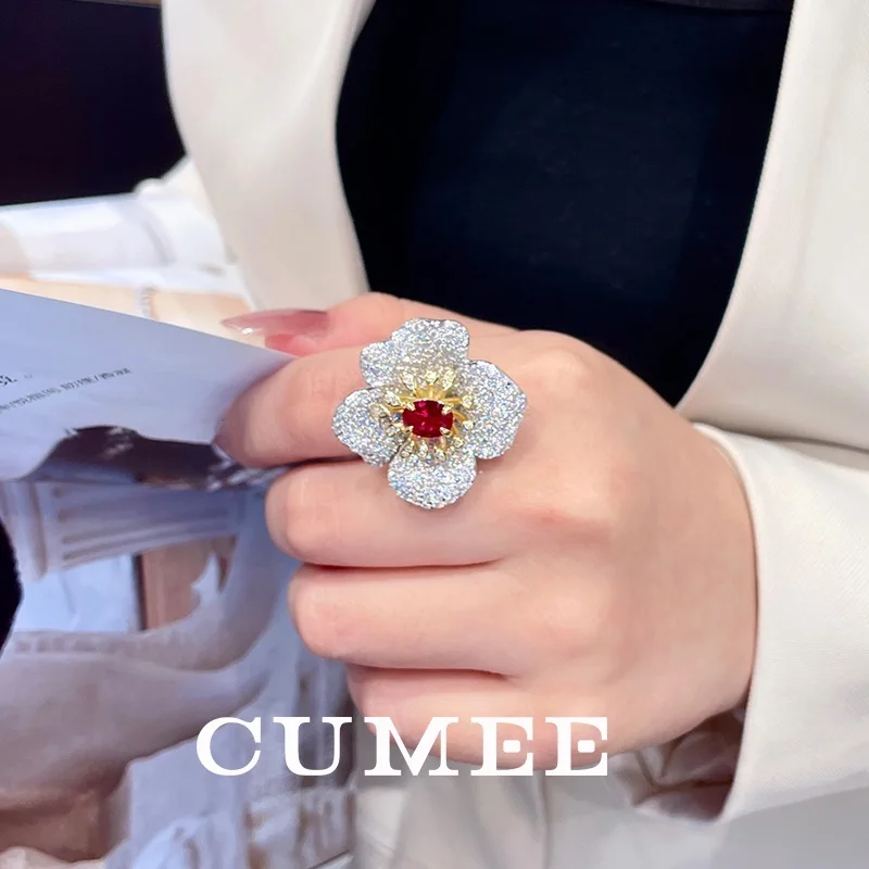 CUMEE Elegant Flower Synthetic Ruby Women Ring Sterling Silver Gold Plated Fine Jewelry