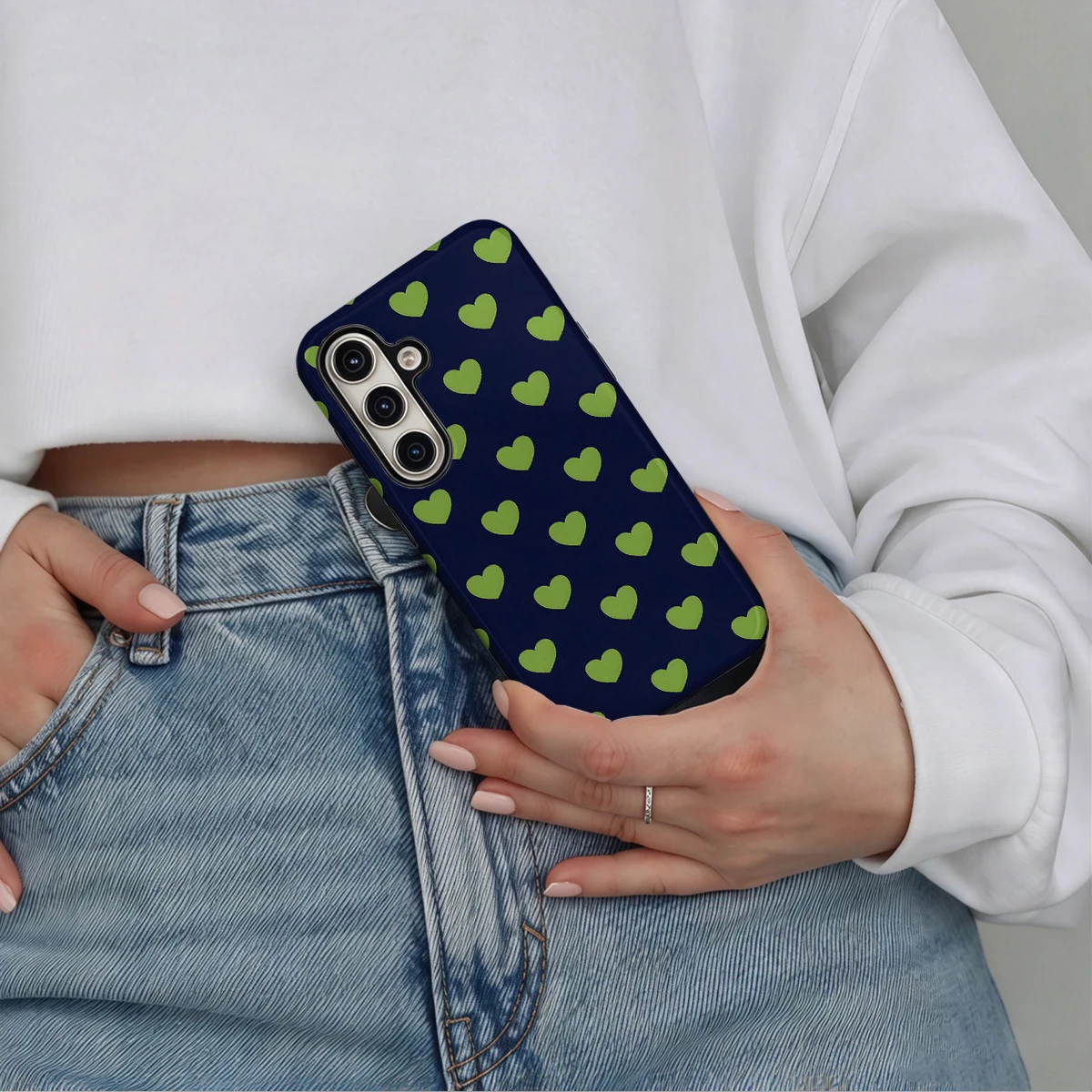 Navy Lime Hearts Phone Case For Samsung Galaxy S26 S25 Ultra S24 S23 Plus Hard Shock‑Absorption 2-in-1Protective Cover