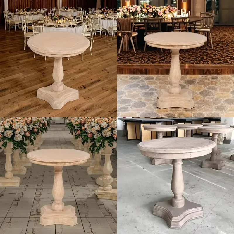 Nordic Retro Hand Carved Solid Wood Small Round Coffee Side Table Country Style Furniture for Living Room Wedding Event Decor