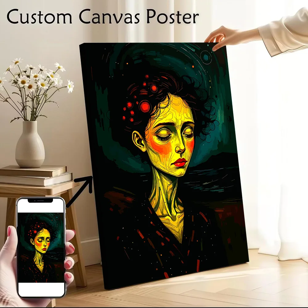 Portrait de femme contemplative sur toile sombre, affiche personnalisable, images murales, peinture sur toile pour décoration moderne de la maison