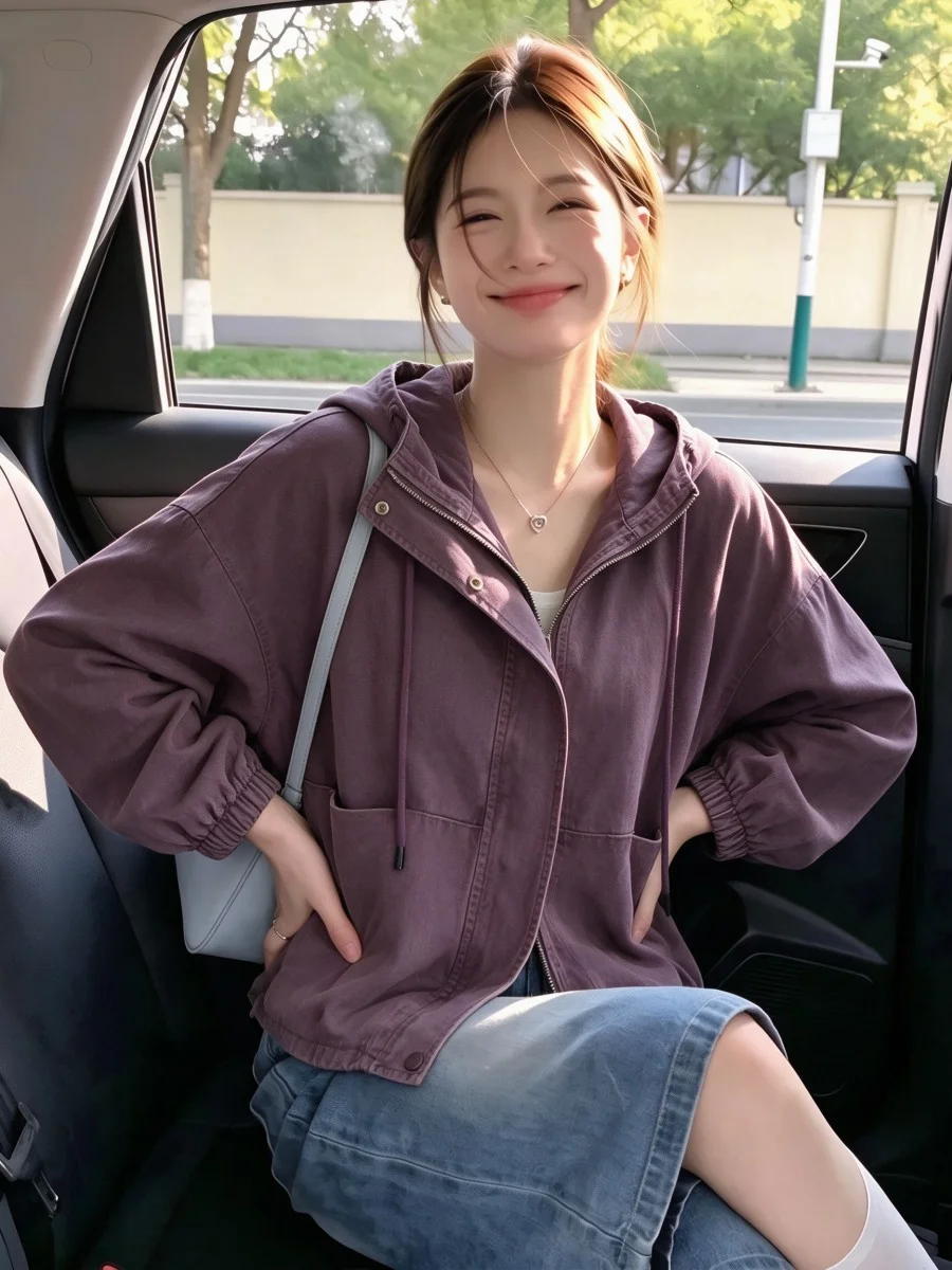 Retro Washed Hooded Jacket Women's Design Spring New Loose Fit Short Outerwear Cotton Commute Style Zipper Decorated Long Sleeve