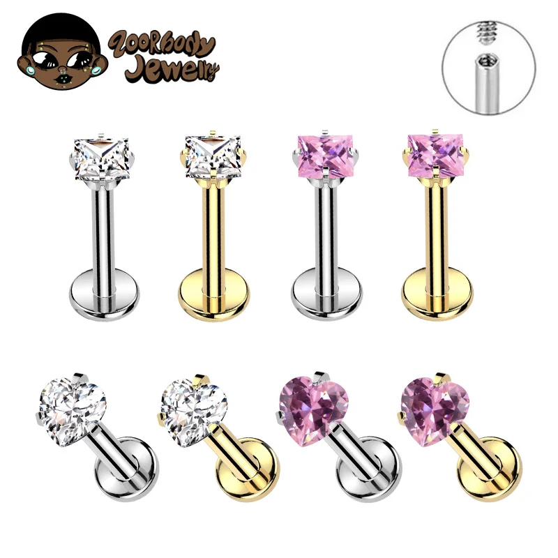 ZOOR ASTM F136 Titan mit quadratischem Herz-CZ Gewindelabret 3mm/4mm CZ Knorpel Tragus Helix Nasenstecker Piercing Schmuck