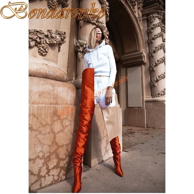 Sexy Runway Thigh High Boots Solid Pointy Toe Stiletto Heels Pant Boots Women Fashion Shoes Slip On Winter Party Prom Designer