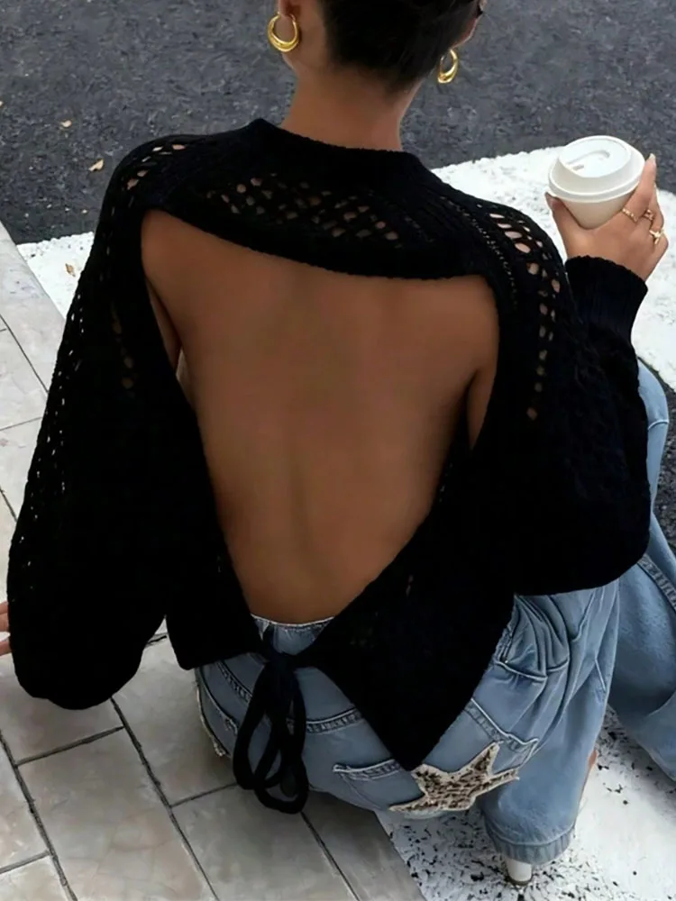 مثير كبير عارية الذراعين الجوف خارج متماسكة سترة موضة شارع العليا بلون تخفيف لاعبا فتاة ساخنة طويلة الأكمام انظر من خلال القمم #6