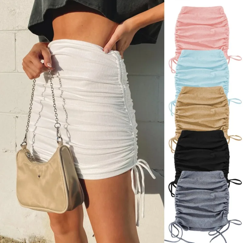 

Ribbed Knit Bodycon Skirt Adjustable Side Drawstring Mini Skirt Stretchy Ruched Hugging for Women Sexy Stretch Pencil Skirt
