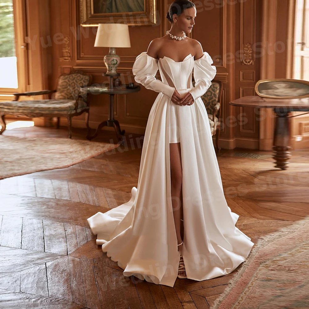 Robes De mariée romantiques ligne A pour femmes, manches longues, robes De mariée personnalisées, dos nu, fente latérale