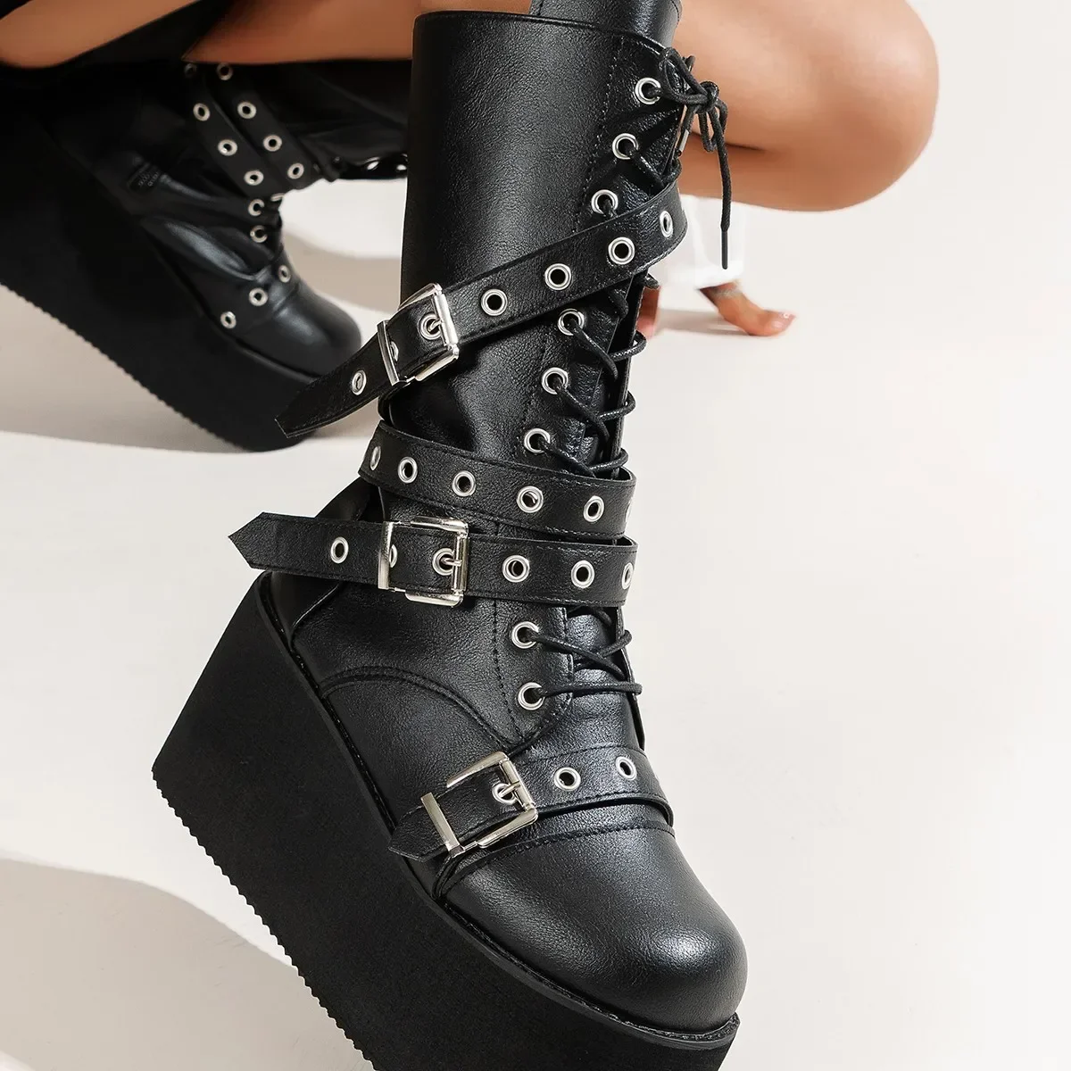 

Pop Big Size 43 Women Boots Black Lace Up Buckle Round Toe Wedges Platform Boots Punk Goth INS Women Street Shoes