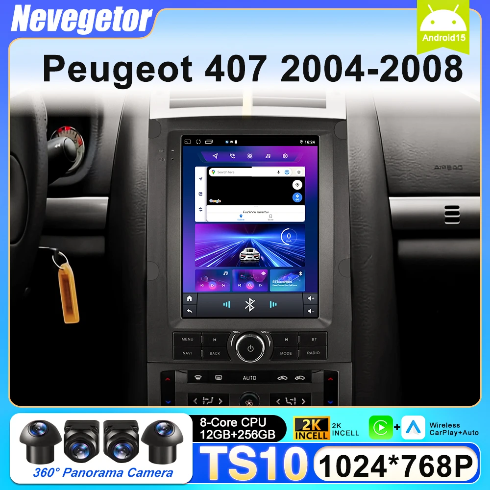 9,7 cala dla Peugeot 407 2004-2008 Android 15 Radio samochodowe Stereo Multimedialny odtwarzacz wideo DVD Nawigacja GPS Bez 2din BT