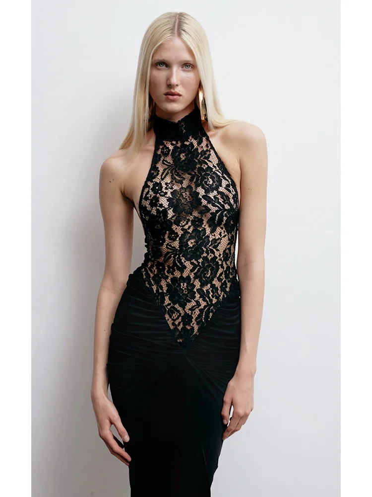 

Sexy Halter Neck Lace Patchwork Folds Long Dress Women Black Sleeveless Backless Pleated Slim Dresses Evening Party Gowns