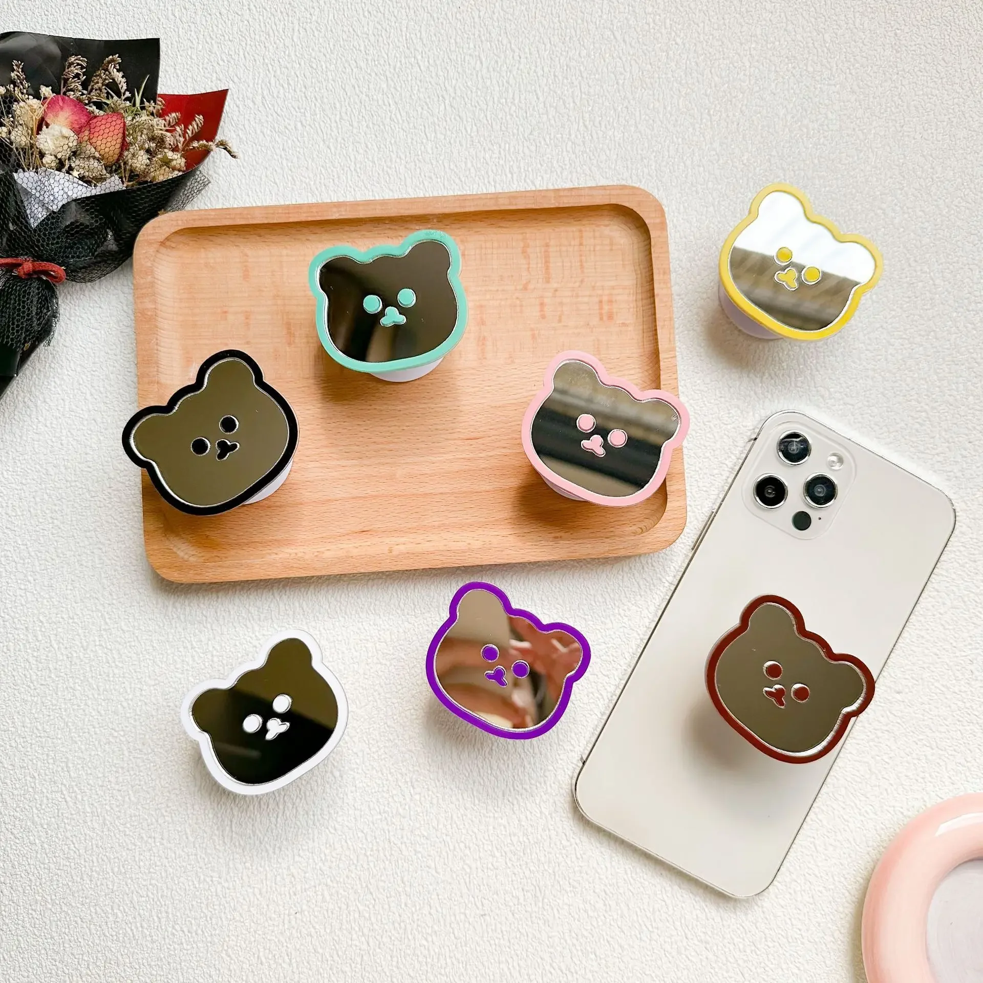 INS Korean Cute Bear Cartoon Grip Tok Phone Holder Griptok Support For iPhone 15 Accessories Mirror Folding Finger Pocket Socket