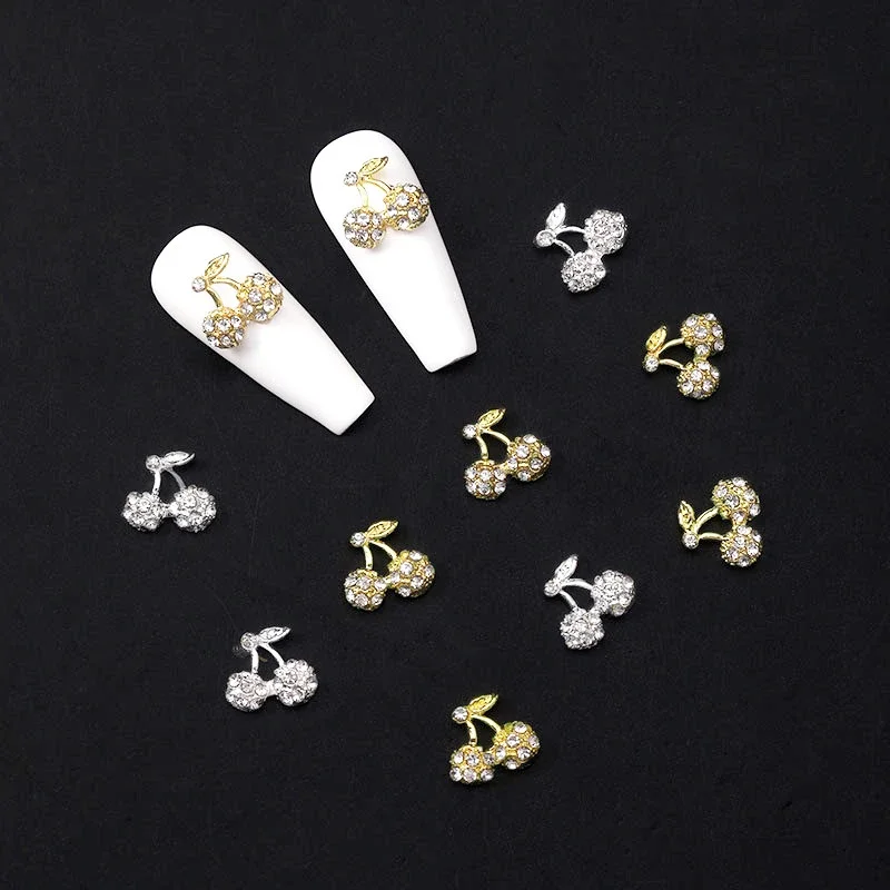 10Pcs 3D Goud Zilver Cherry Nail Charmes Luxe Legering Glanzend Rhinestone Nail Onderdelen Diy Nail Art Decoratie Accessoires