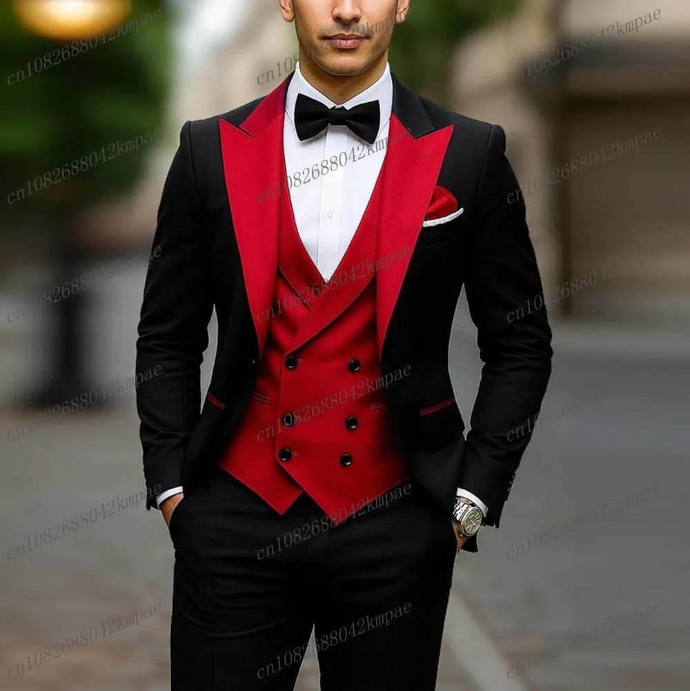 

Черный и красный формальный мужской костюм для жениха, жениха, свадебной вечеринки, выпускного вечера, деловые мужские смокинги, комплект из трех предметов, пиджак, жилет, брюки