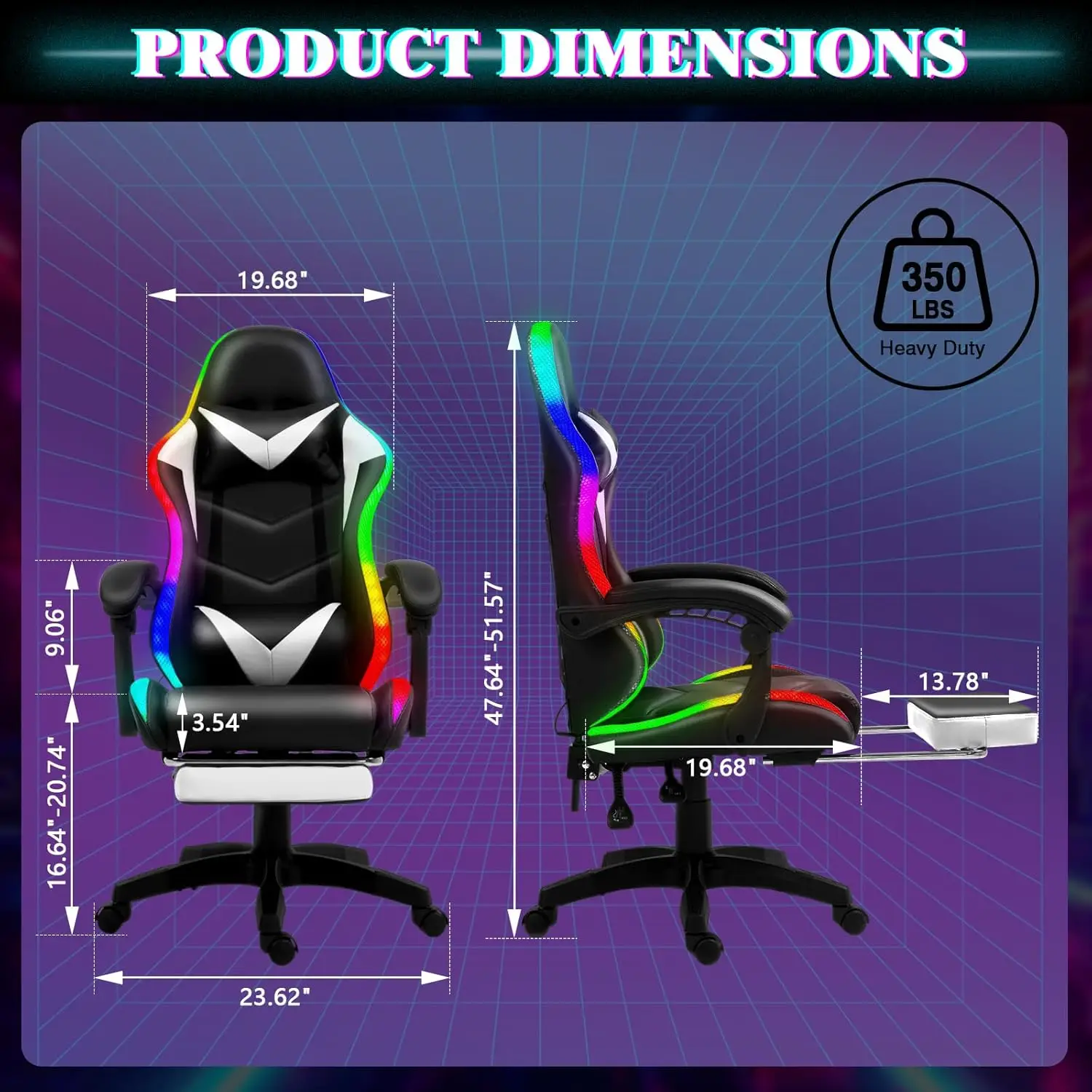 RGB LED Lights Gaming Chair , Lumbar Support Massager Video Game Chair, High Back Reclining Gamer Chair(White)