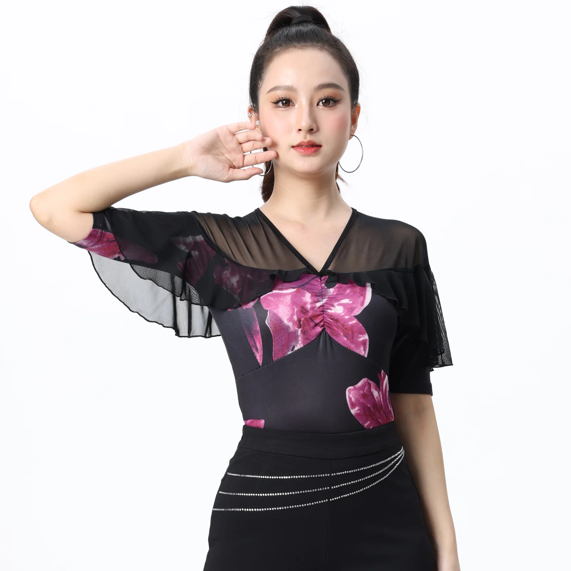 

Национальный стандарт, топ для современного танца, женская танцевальная одежда со средним рукавом и принтом, одежда для латинских танцев