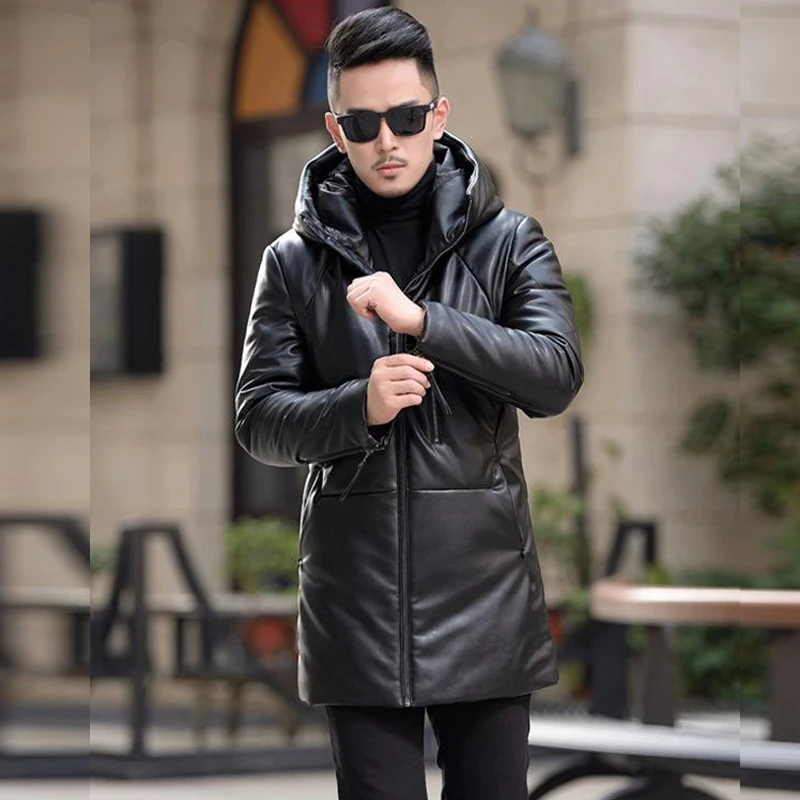 Sheepskin Down Jacket Men Mid Length Korean Slim Fitting Hooded Windbreaker Male Luxury Brand Puffer Jacket Man Winter Down Coat