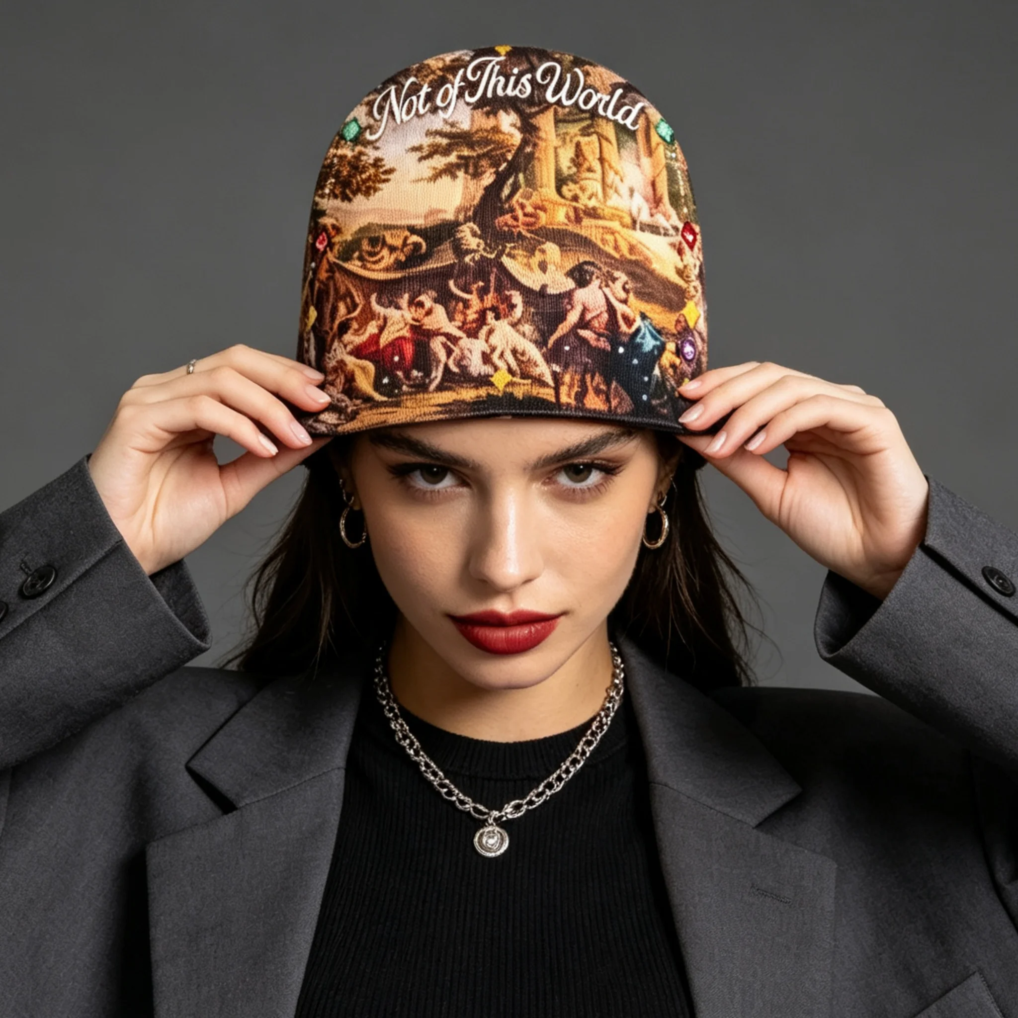 Vintage Oil Painting Knit Beanie Unisex Autumn Winter, Classical Scene Art Print Street Cap