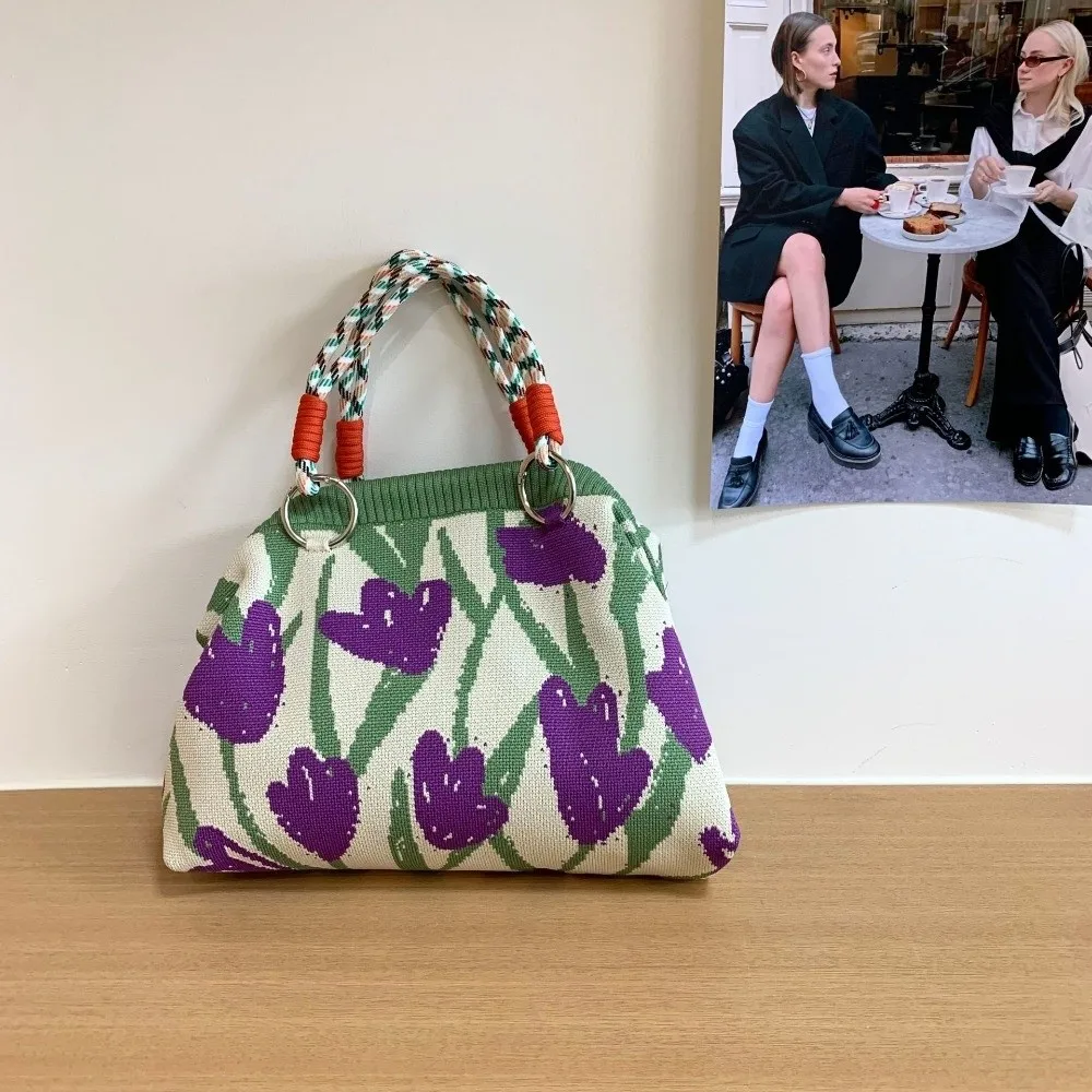 

New Portable Knitted Handbag Reusable Large Capacity Tote Bags Woven Shopping Bag Bucket Bag