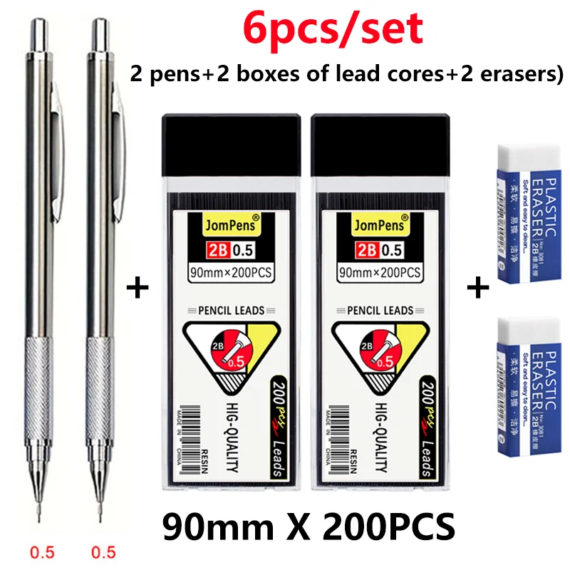 Set van metalen mechanische potloden van 0,5/0,7/0,9/1,3/2,0 mm met verwisselbare potloodstiften, voor gebruik op kantoor, op school, voor schetsen en schrijven.