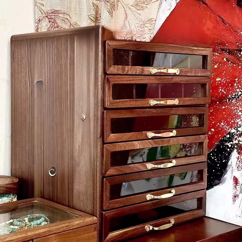 Walnut six draw twelve draw jewelry box Wenwan solid wood storage cabinet
