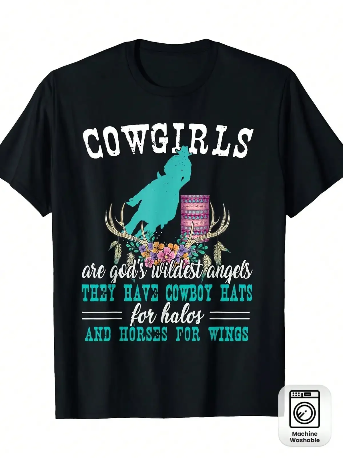 Women's Barrel Racing Cowgirls T-Shirt - Retro Western Graphic Tee With Cowboy Hats & Horse Design, 180gsm Round Neck Casual Shirt Suitable For Rodeo, Barrel Racing Events, All-Season Wear, Machine Washable Cowgirl Apparel