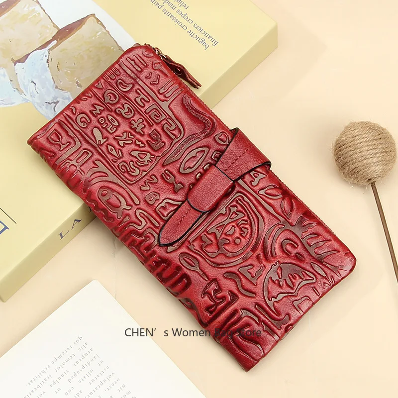 

Card Holder Genuine Leather Wallet Woman Ancient Characters Real Cow Leather Purse 2025 Long Cowhide Clutch Bag