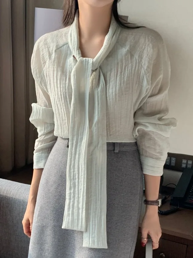 Chic All'inizio della primavera da donna irt Gentle Sweet Sa Versatile Ele Coreano Sle Long Sve Girls' irt Faionable Camicetta