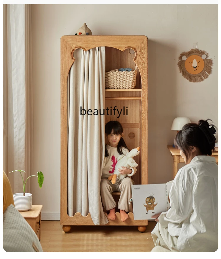 Solid Wood Wardrobe European Beech Bedroom Simple Cloth Curtain Wardrobe Modern Simple Curtain Wardrobe