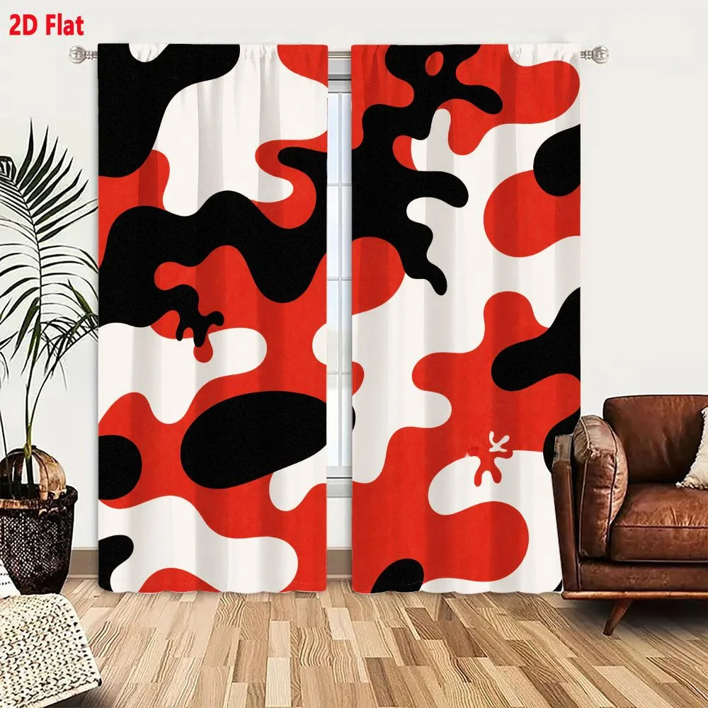 2Pcs Curtains 2D Flat Abstract Pattern With Irregular Organic Shapes In Black Red White, Fluid Amorphous Blobs Without Boundarie