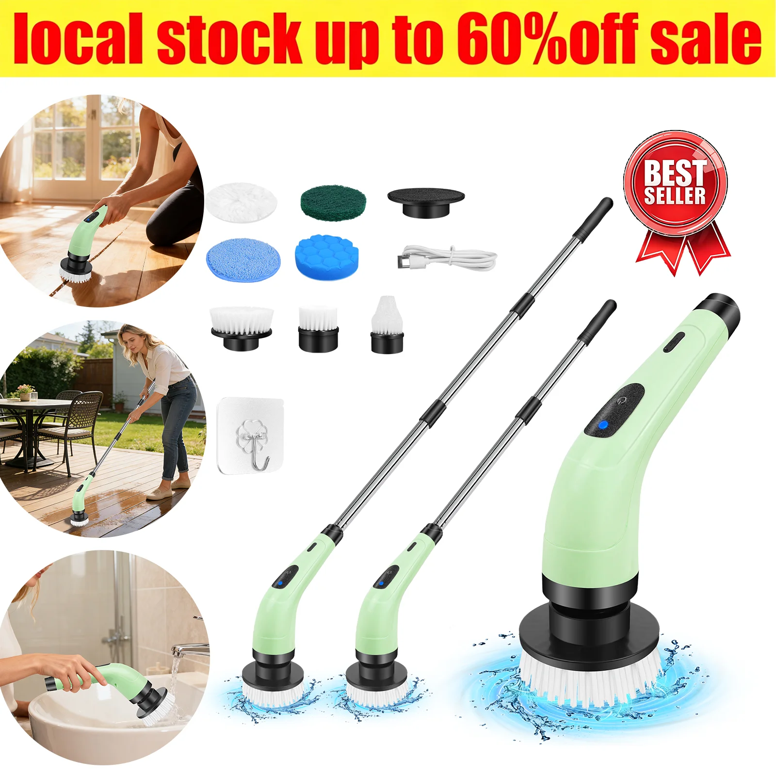 Brosse de nettoyage rotative électrique télescopique avec 7 embouts de brosse, 2 réglages de vitesse, adaptée au nettoyage des salles de bain, des cuisines, des sols de jardin, des tapis et des voitures