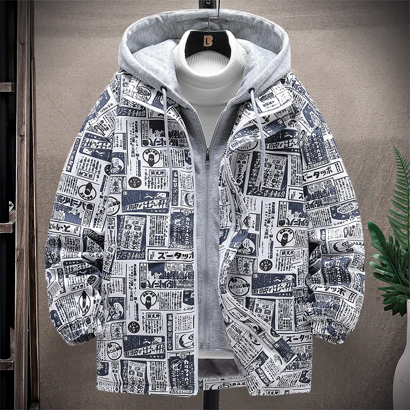 Papel impresso inverno jaqueta com capuz blusão casaco streetwear fashin pakas para masculino roupas de manga longa