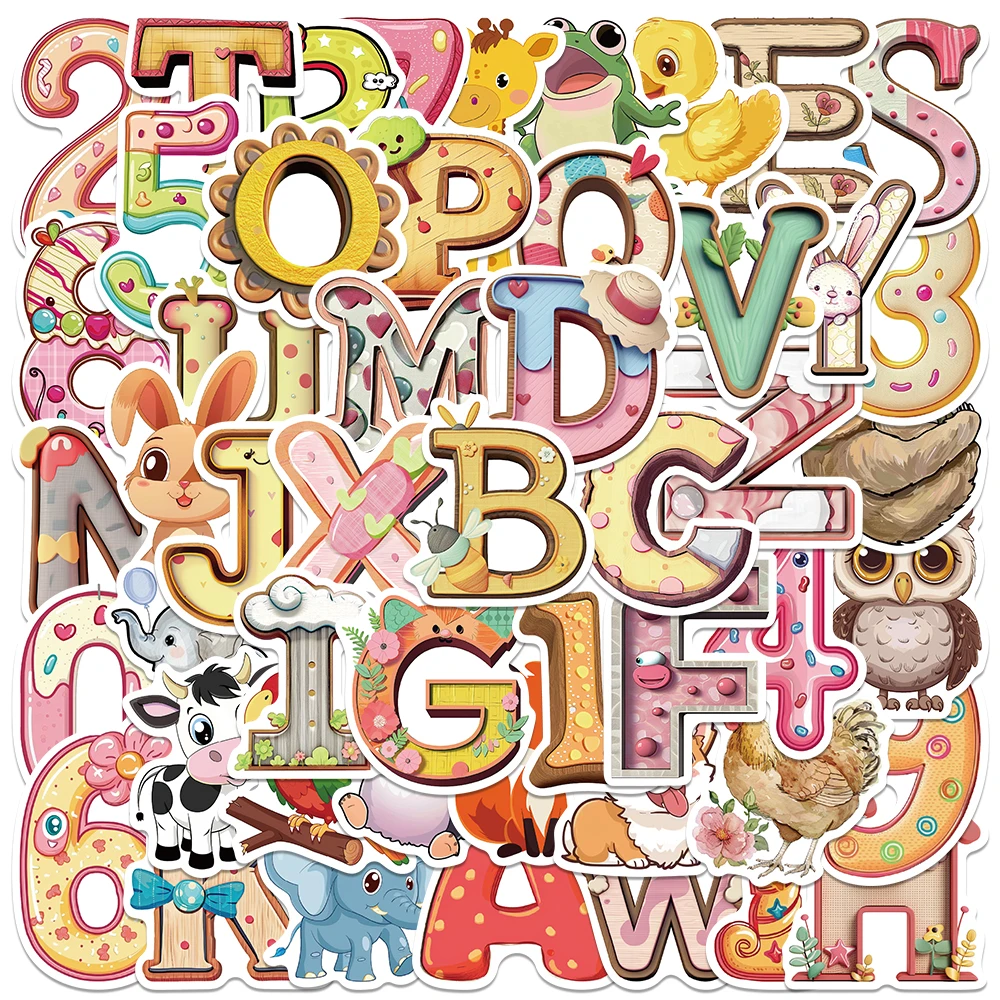 50pcs Cute Cartoon Numbers Alphabet Stickers For Kids Adults Laptop Water Bottle Luggage Phone Waterproof Graffiti Decals