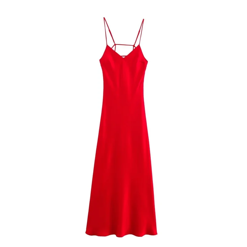 Verano Color sólido cuello pico seda satén Midi Sling vestido mujeres sin mangas espalda descubierta cremallera vestido de fiesta mujer Sexy ropa de vacaciones 2025