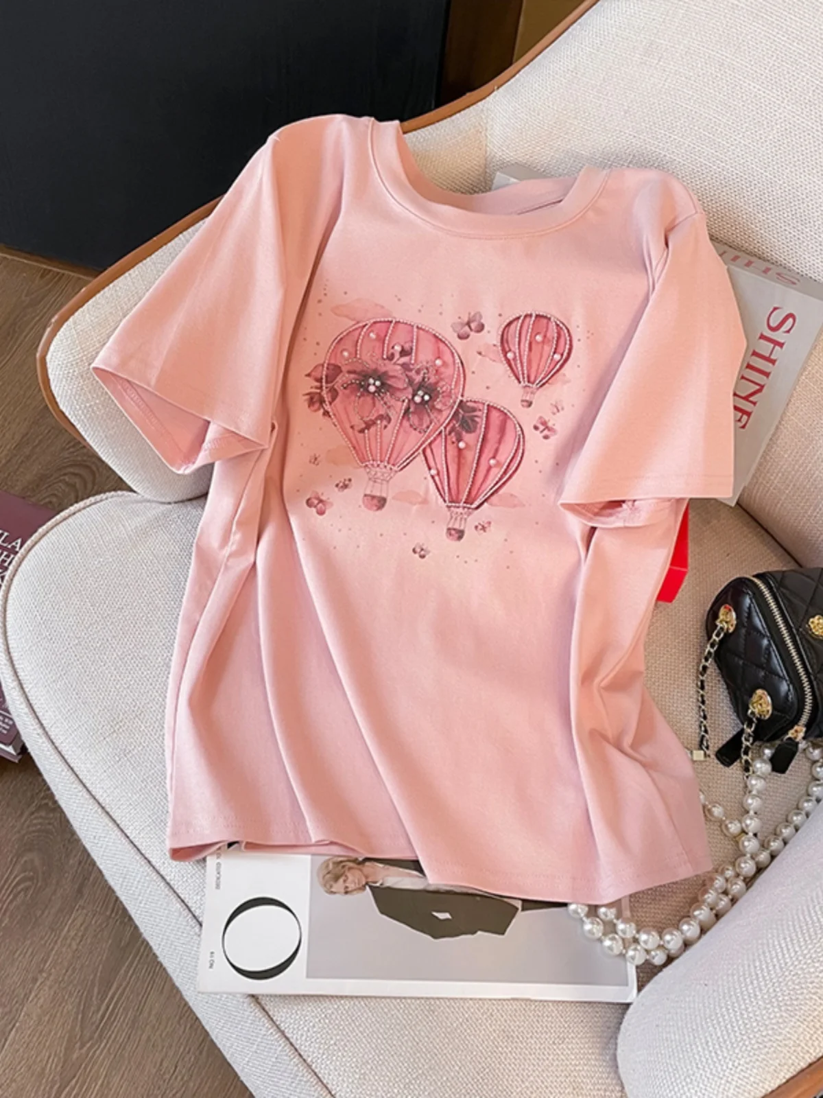 

Новая удобная свободная повседневная универсальная футболка с короткими рукавами и круглым вырезом для похудения, розовый топ