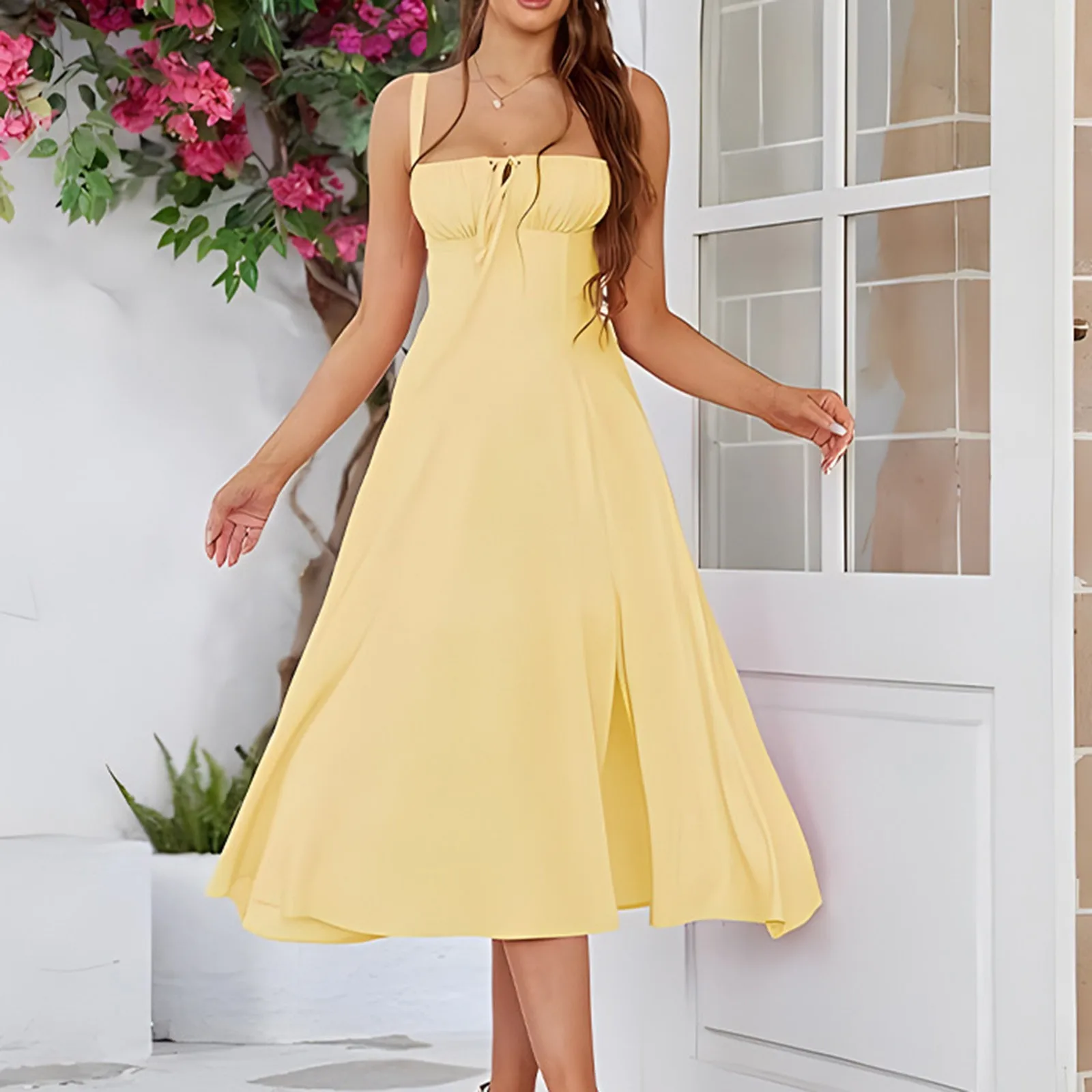 Frauen Sommer Boho Spaghetti-trägern Split Oberschenkel Midi Kleid Krawatte Vorne Solide Blumen Druck Ärmellose Vintage A-linie Strand Kleider