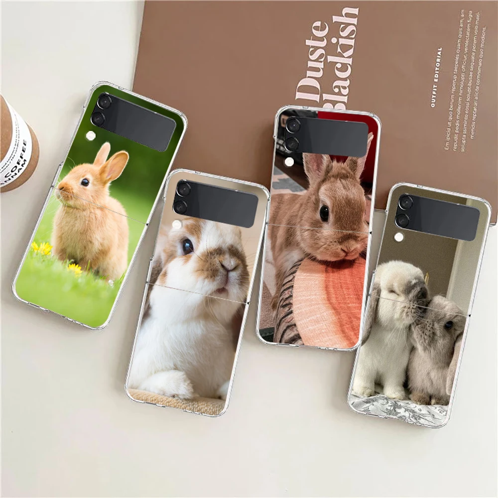 Cute White Baby Rabbits Phone Case For Samsung Galaxy Z Flip 3 4 5 Hard Folding Clear PC Bumper For Samsung Z Flip 6 Back Cover