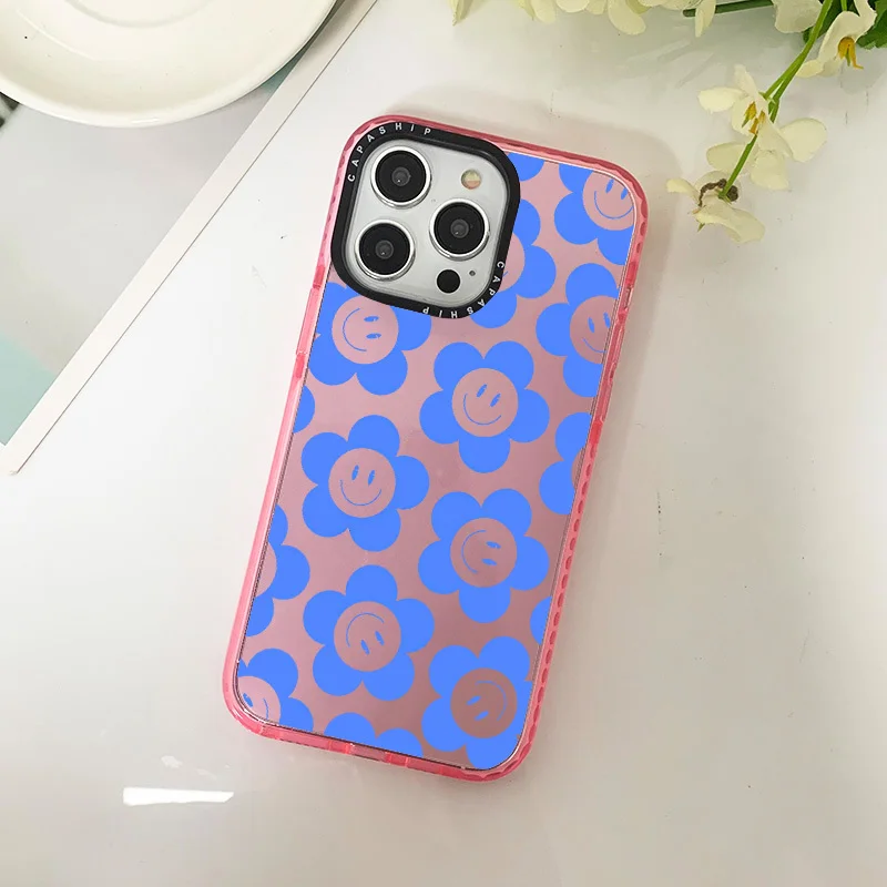 Ins Blue Smile Flower Case For Iphone 11 14 15 Pro Max Clear Silicone Soft Funda 12 13 Mini 6 7 8 Plus X XR XS Shockproof Cover