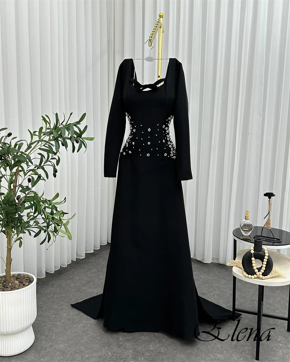 

Customized Square Collar Long Sleeves Luxury Evening Dress Floor Length Crystal Delicate Celebrity Gowns Black Sparkly Prom Dres