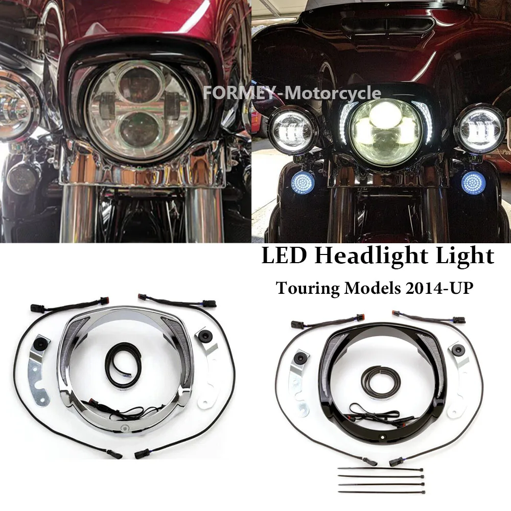 For Harley CVO Touring Electra Glide Street Glide Tri Glide 2014-Up With Amber Turn Signal LED Headlight Bezel Visor Trim Ring