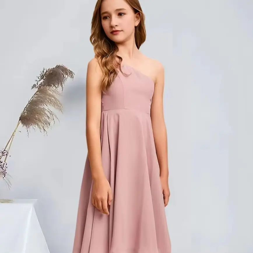 

WW Child A-Line One Shoulder Asymmetrical Chiffon Junior Bridesmaid Dresses Dusty Rose Stylish Flower Girl Dresses Party Wedding