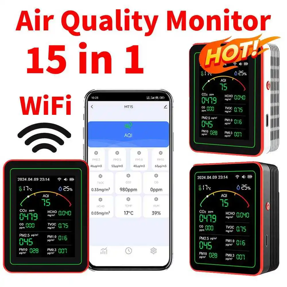 Tuya WiFi 15-in-1 Air Quality Monitor APP Control Portable Indoor AQI PM0.3 PM1.0 PM2.5 PM10 Tester Temperature Humidity Meter