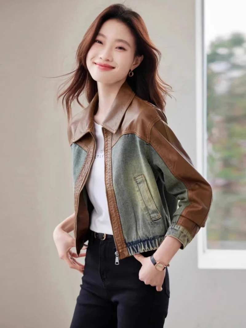 

Cowboy Patchwork Leather Jacket Short Jacket For Women 2025 Fashionable And Stylish Slim Fit Trend Coat W286